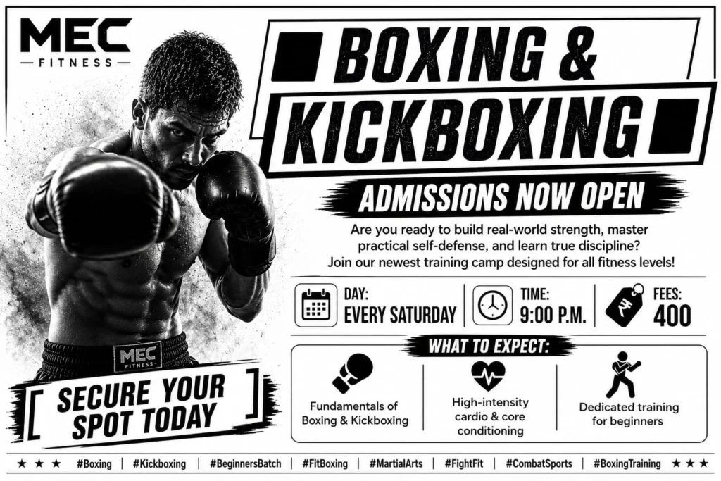 MEC Fitness boxing and kickboxing class poster: every Saturday at 9pm, fees ₹400, beginners welcome